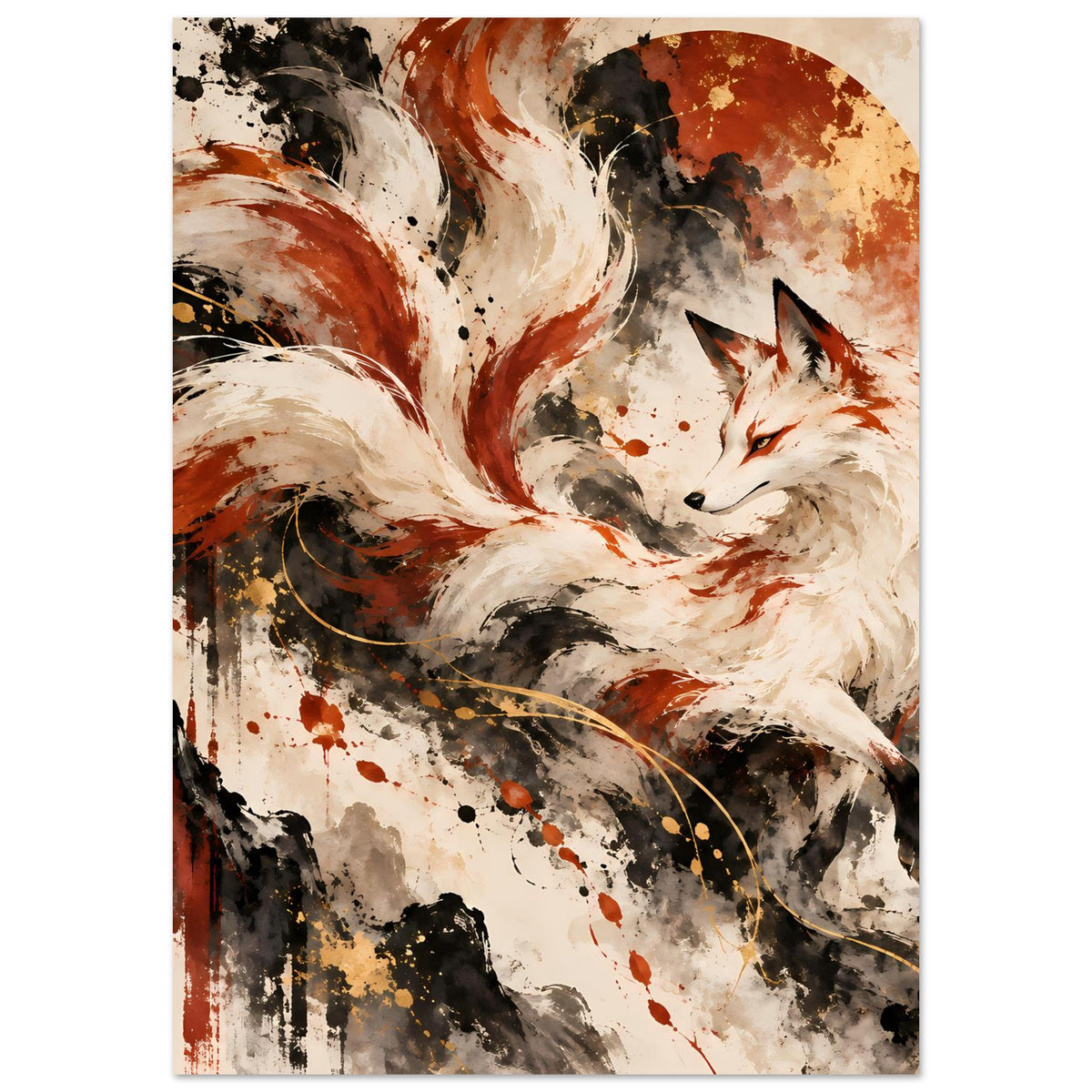 Fantasy-Poster: Fuchsprofil mit neun Schweifen, creme und rostorange, schwarze Sprenkel