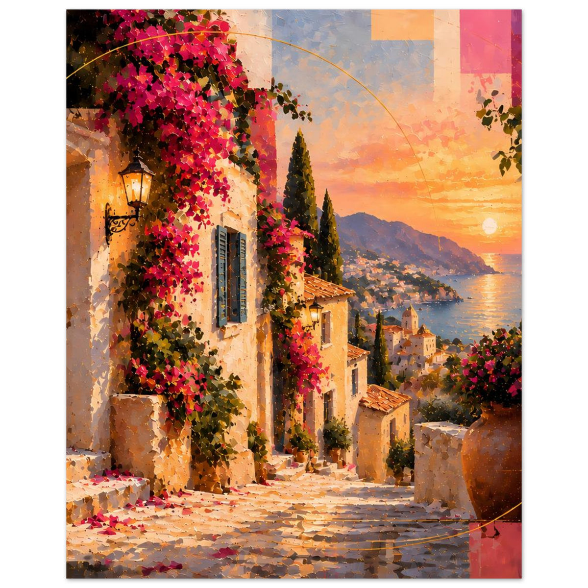 Poster im Hochformat: mediterrane Häuserfront mit Laterne, pinken Blütenranken und Sonnenuntergang
