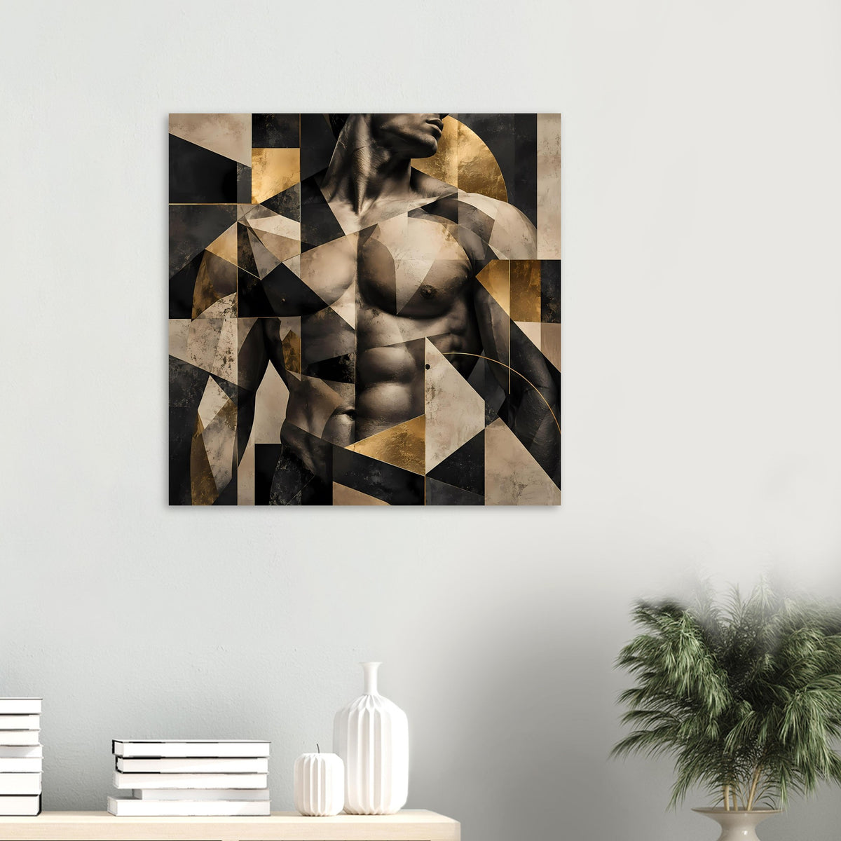 Gerahmtes abstraktes Akt-Poster mit geometrischen Dreiecken in Schwarz, Beige und Gold