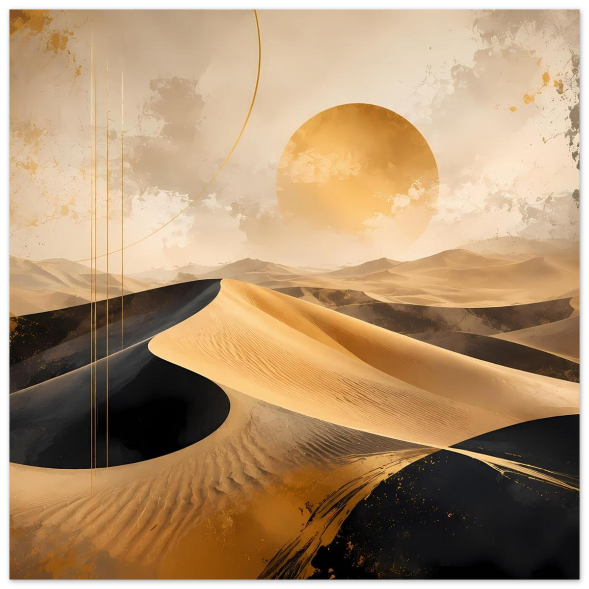 Wüstenposter mit goldenen Sanddünen, schwarzem Sand und großer Sonnenscheibe, Querformat