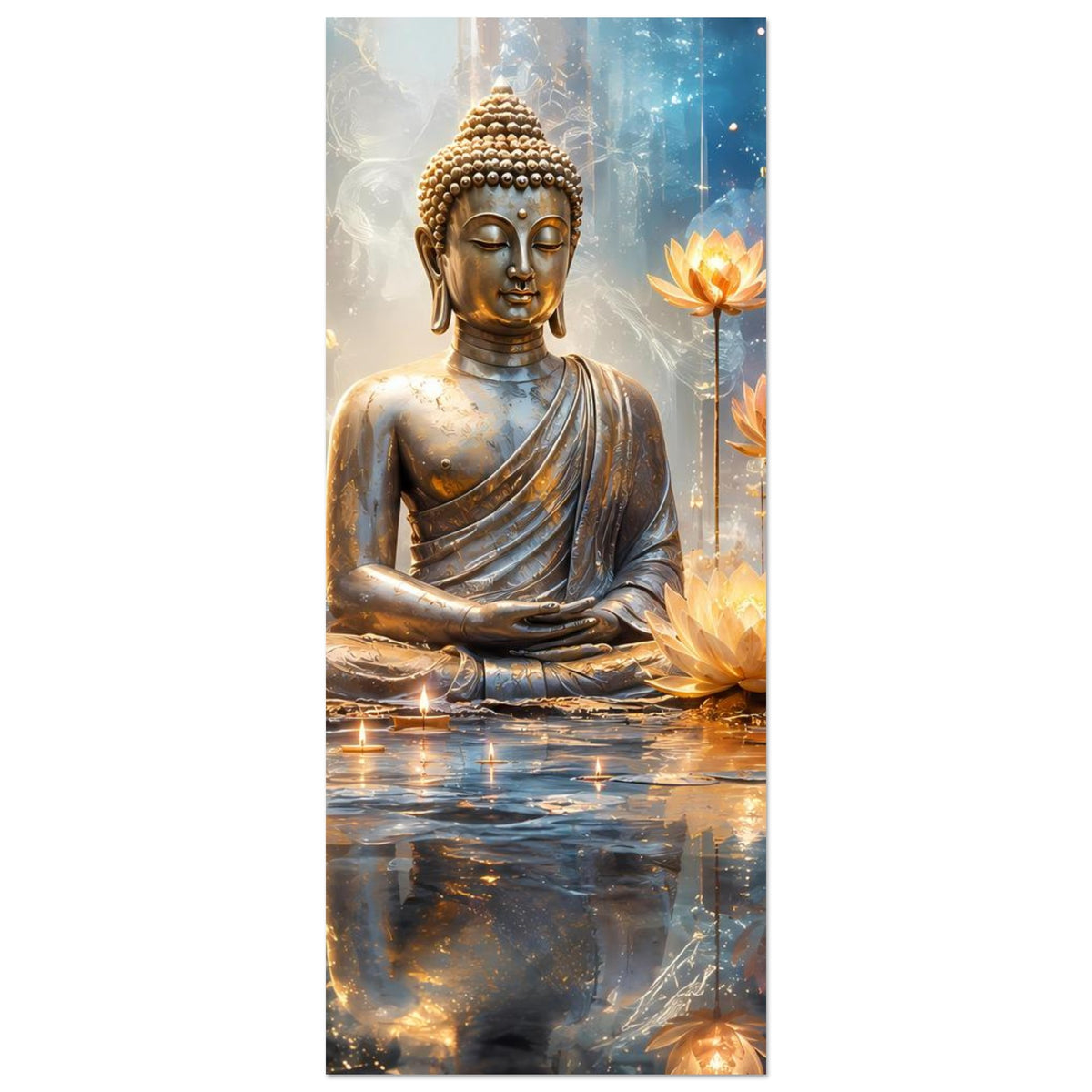 Zen-Serenity-Poster hochformatig: goldener Buddha, Lotusblüten und warme Lichtreflexe
