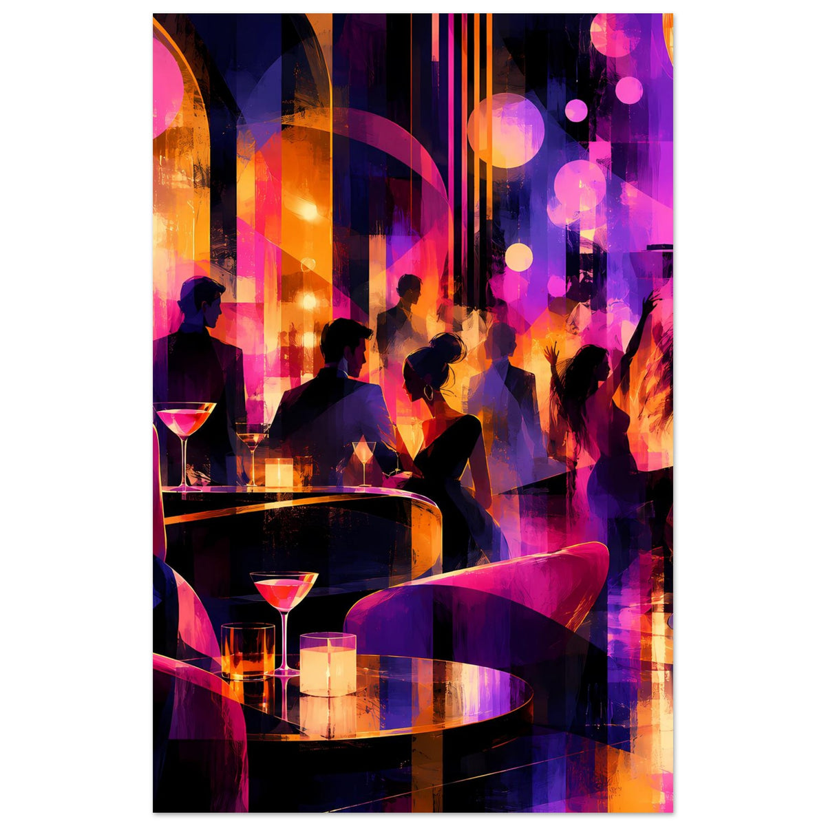 Poster im Hochformat mit Nachtbar: Personen-Silhouetten, Cocktailgläser und leuchtende Farben
