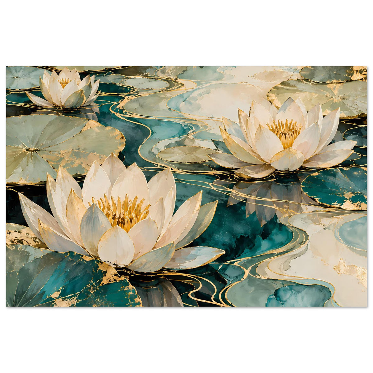 Lotus-Wandposter mit weißen Seerosen, goldfarbenen Akzenten und türkis-blauen Kurven