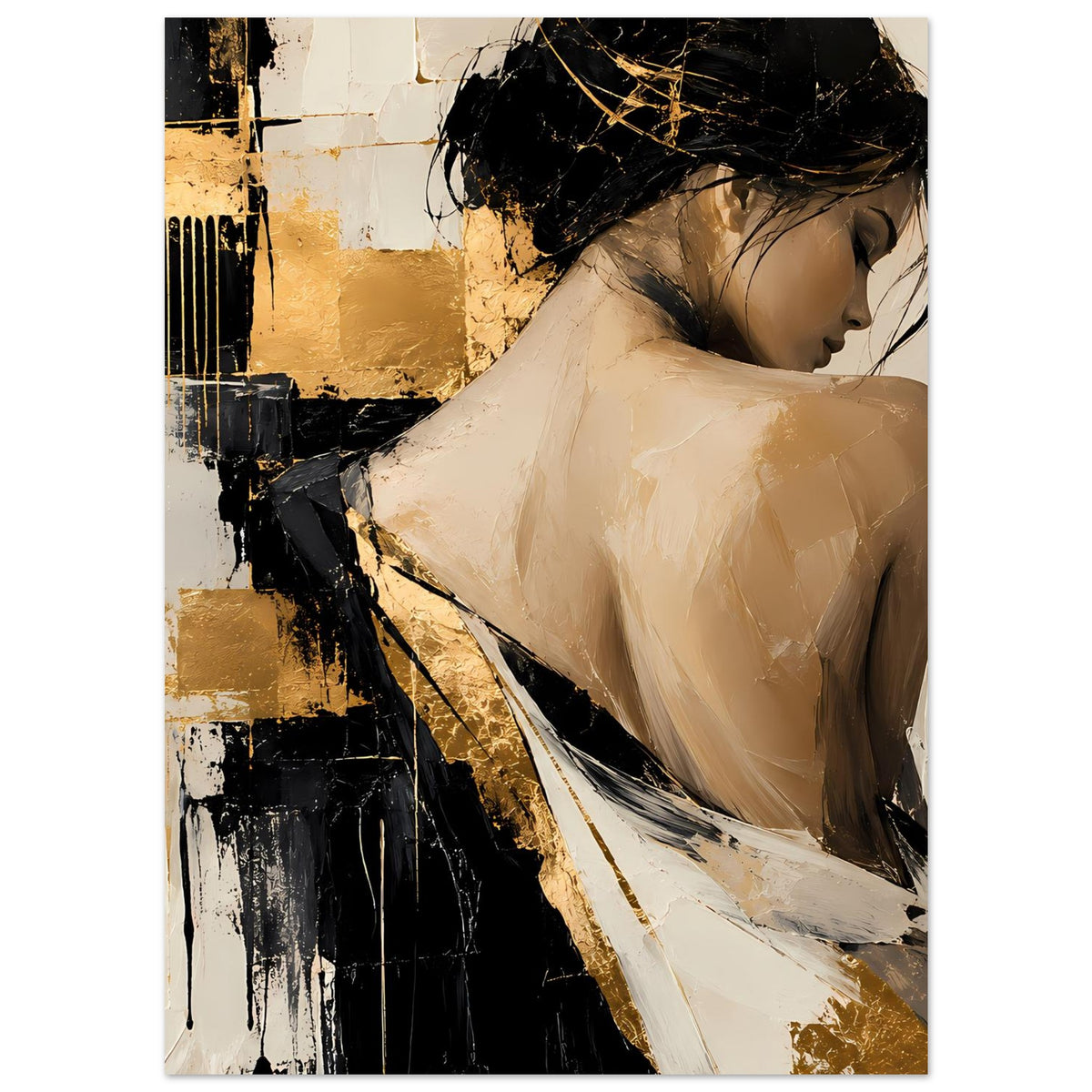 Abstraktes Damenportrait-Poster mit Aktfigur und Pinselstrukturen in Beige, Schwarz, Gold