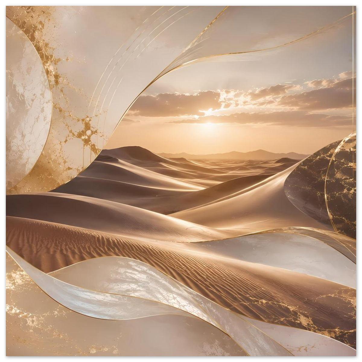 Poster mit goldenen Linien über Dünenlandschaft in warmen Wüstentönen