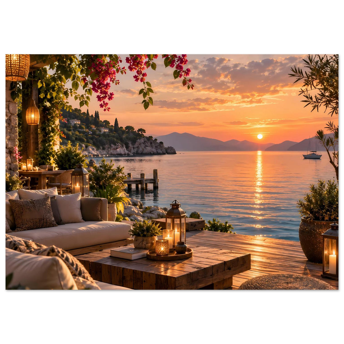 Küsten-Terrassenposter: Terrasse mit Sitzbank, Laternen, Holztisch, blühenden Zweigen und Abendsonne