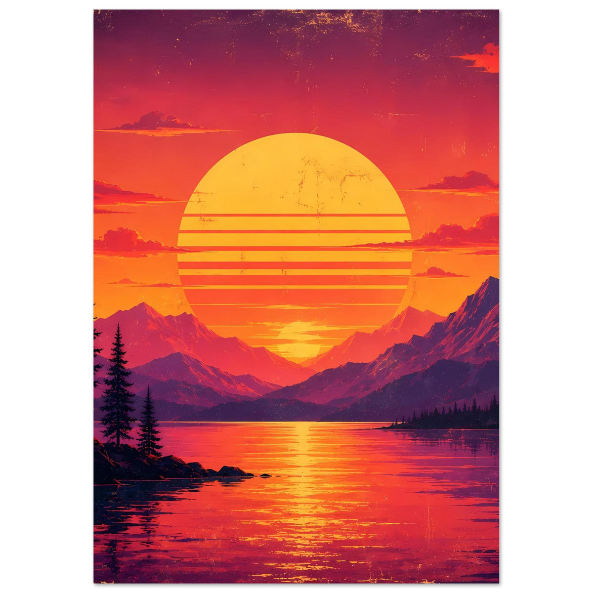 Poster mit Retro-Landschaft: gelbe Sonne über Bergen, Tannen und spiegelndem See