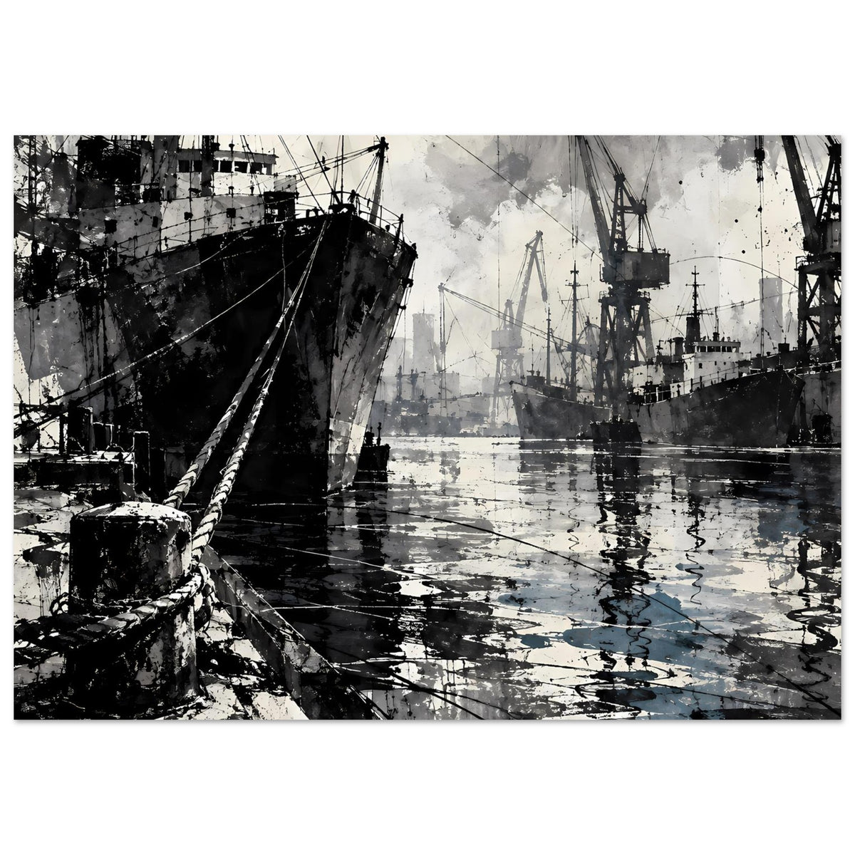 Maritimes Poster mit Hafenansicht: großes Schiff links, Boote/Schiffe rechts, Reflexionen