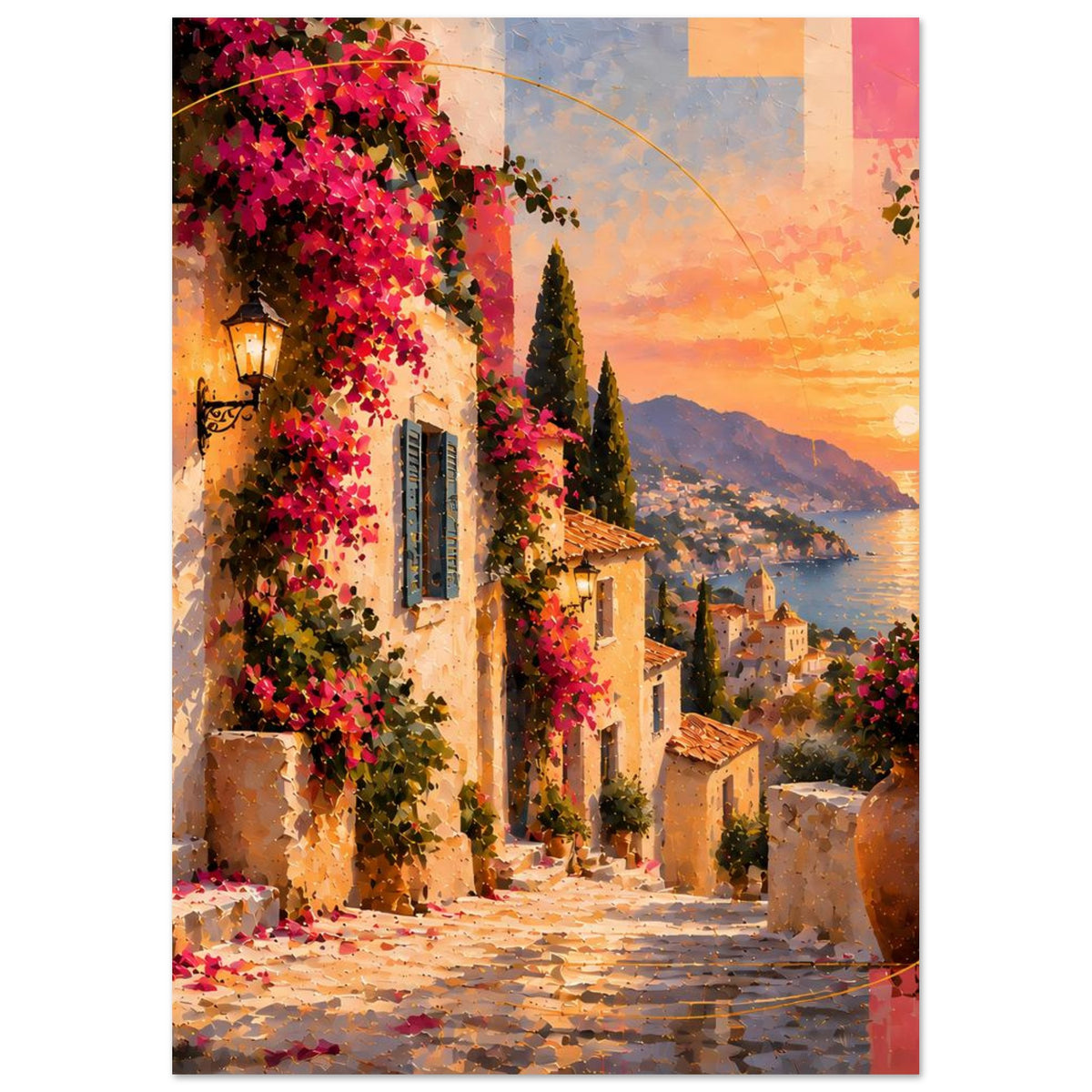 Mediterranes Sonnenuntergangs-Poster mit blühenden Fassaden, Wegpflaster und Abendsonne