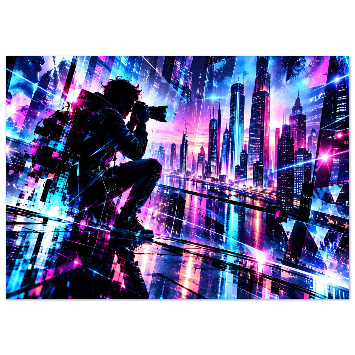 Neon-Cyberpunk-Stadtposter mit Schützen-Silhouette und farbigen Lichtspuren