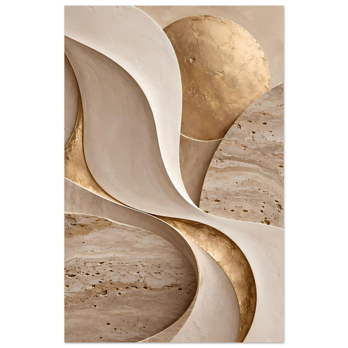 Kunstposter: goldene Akzentlinie neben beigen Kurven und geschichteter Steinstruktur