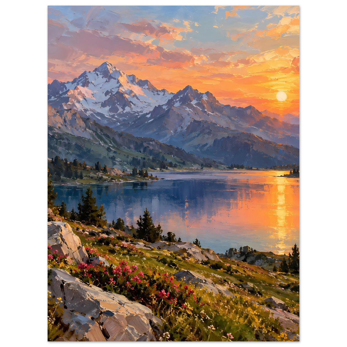 Wandposter im Hochformat: Bergsee mit Abendsonne, Spiegelungen im ruhigen Wasser