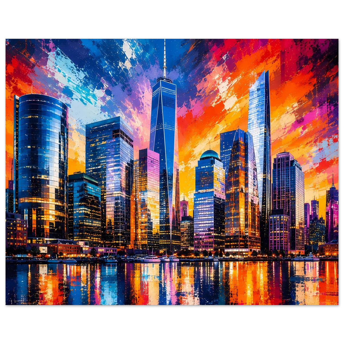 Horizontales Skyline-Poster mit bunten Lichtern, Wolkenkratzern und spiegelndem Wasser