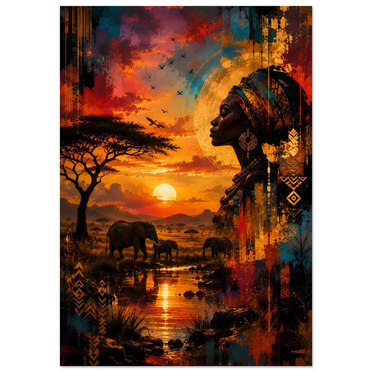 Poster mit Frau im Profil, Kopftuch und Schmuck, Savanne mit Elefanten und Sonnenuntergang