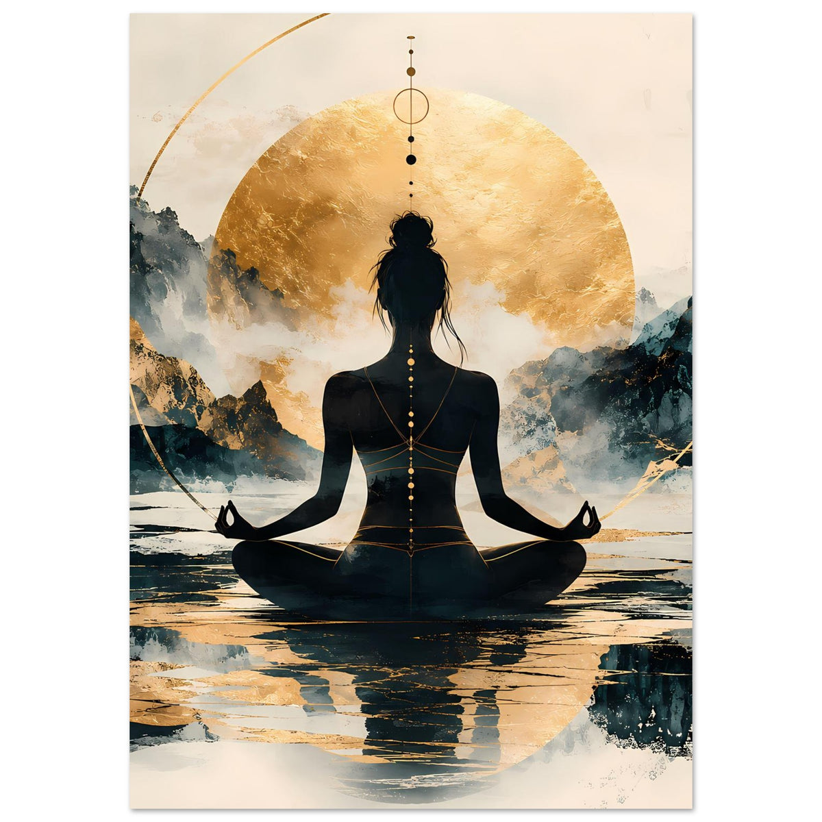 Hochformat Poster mit Silhouette im Lotussitz, goldenen Akzenten und ruhiger Landschaft