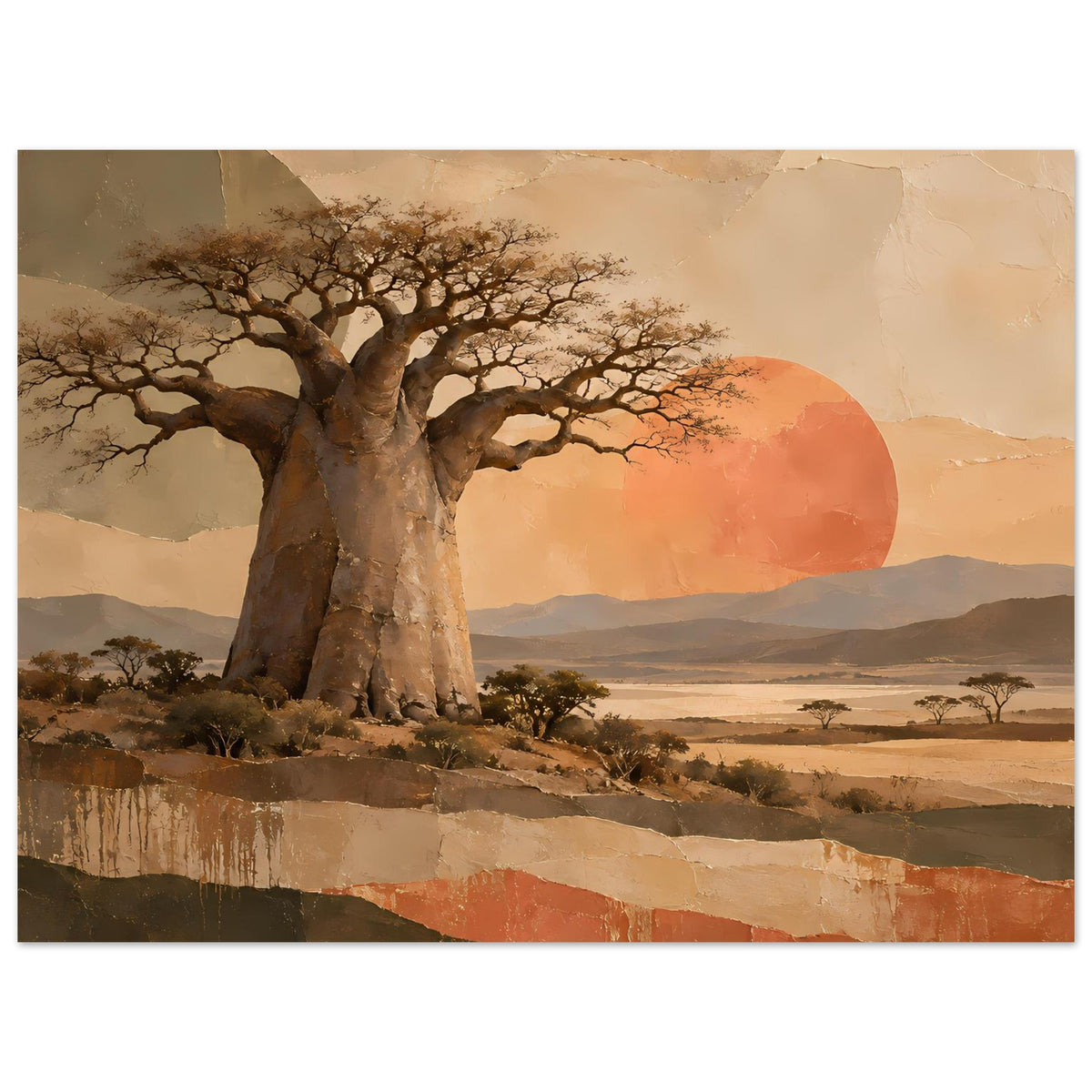 Naturposter: Baobab-Baum mit breiter Krone, orange Sonne und weite afrikanische Landschaft