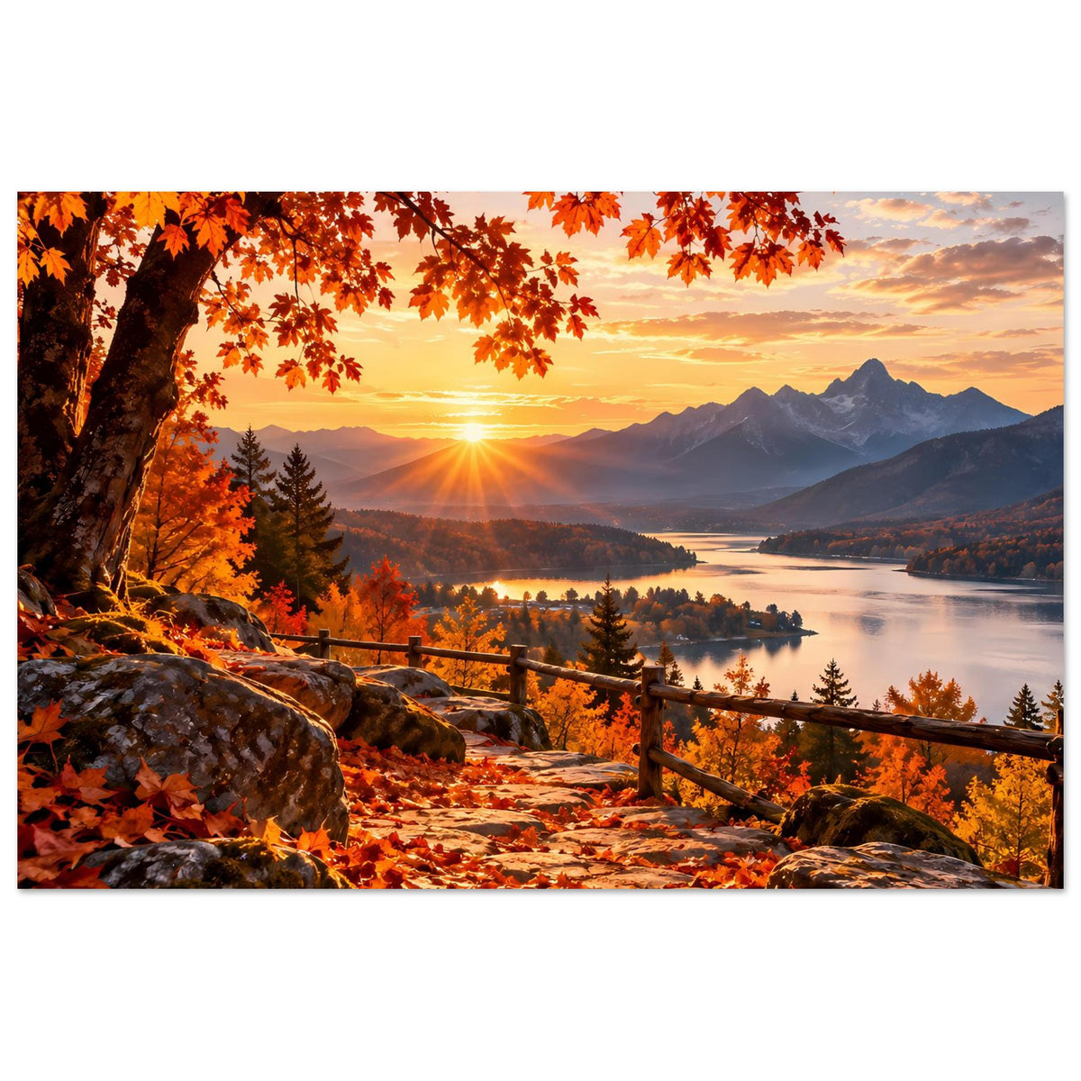 Herbstlandschafts-Poster mit orange-rotem Laubdach, Sonne über Bergkamm, See mit Uferlinie