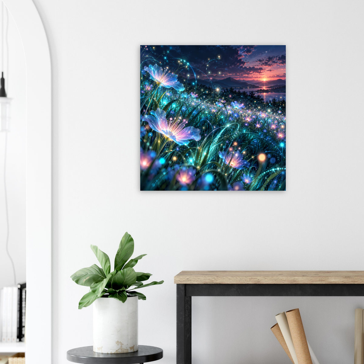Quadratisches Blumen-Glow-Poster mit funkelnden türkisblauen Lichtbögen und Sternen