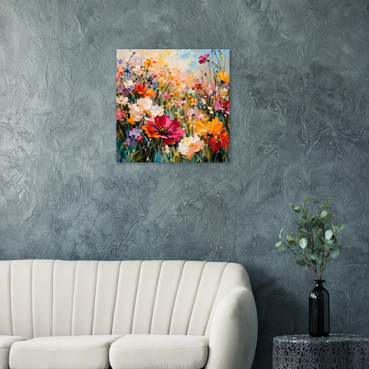Blumenposter mit buntem Blumenstrauß aus Orange-, Pink- und Rottönen