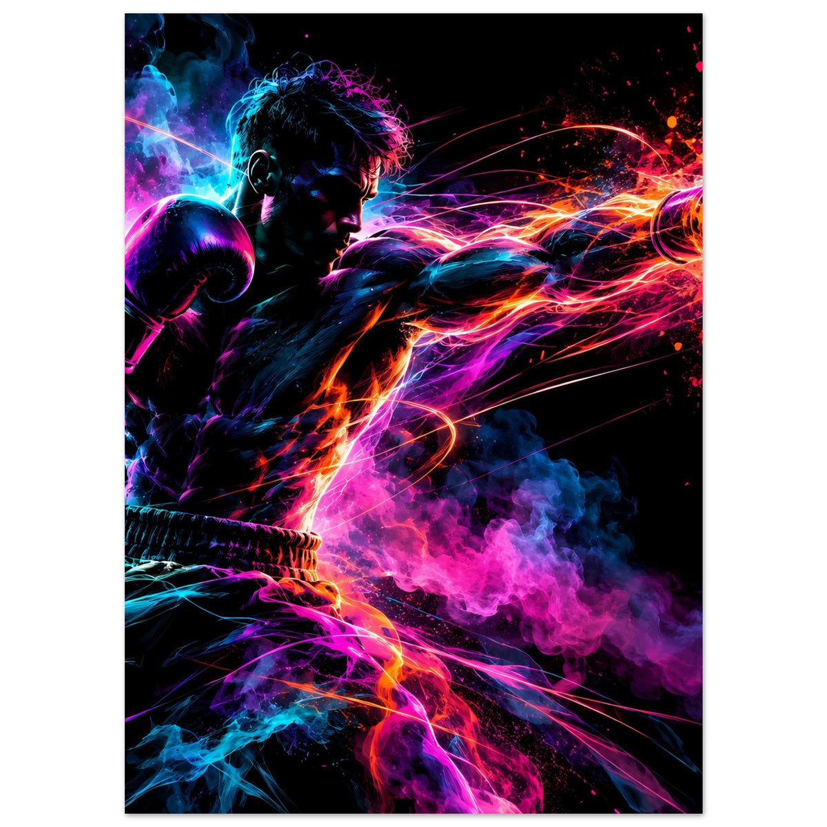 Neon-Boxer-Poster im Hochformat mit schwarzem Rahmen: Boxer-Silhouette, Rauch und leuchtende Linien