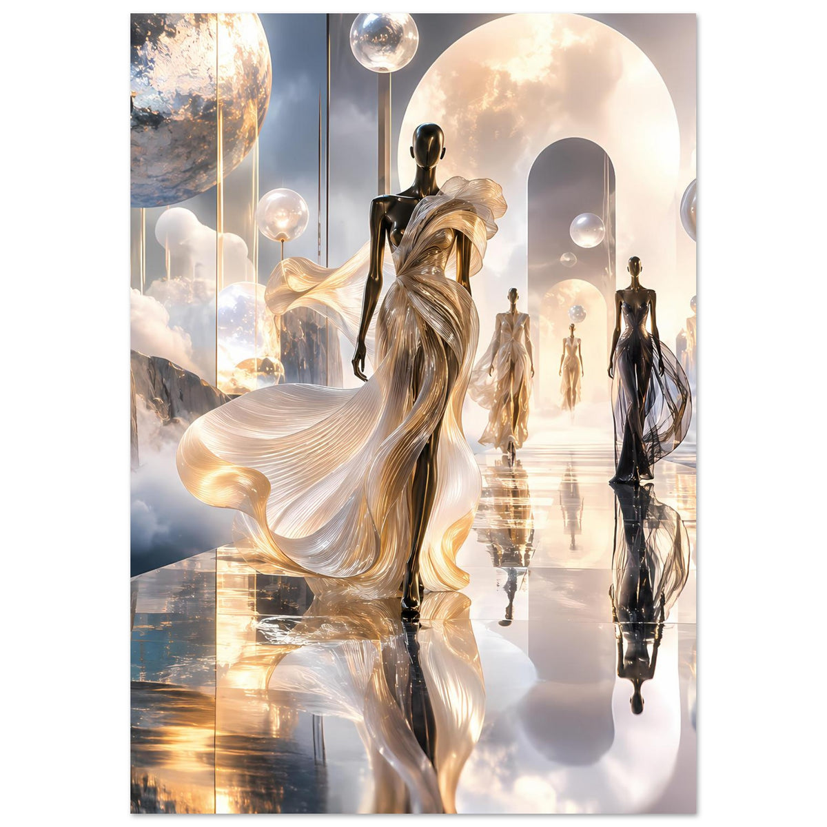 Vertikales Kunstposter: goldene Laufstegfigur mit langen Falten und erhobener Statue