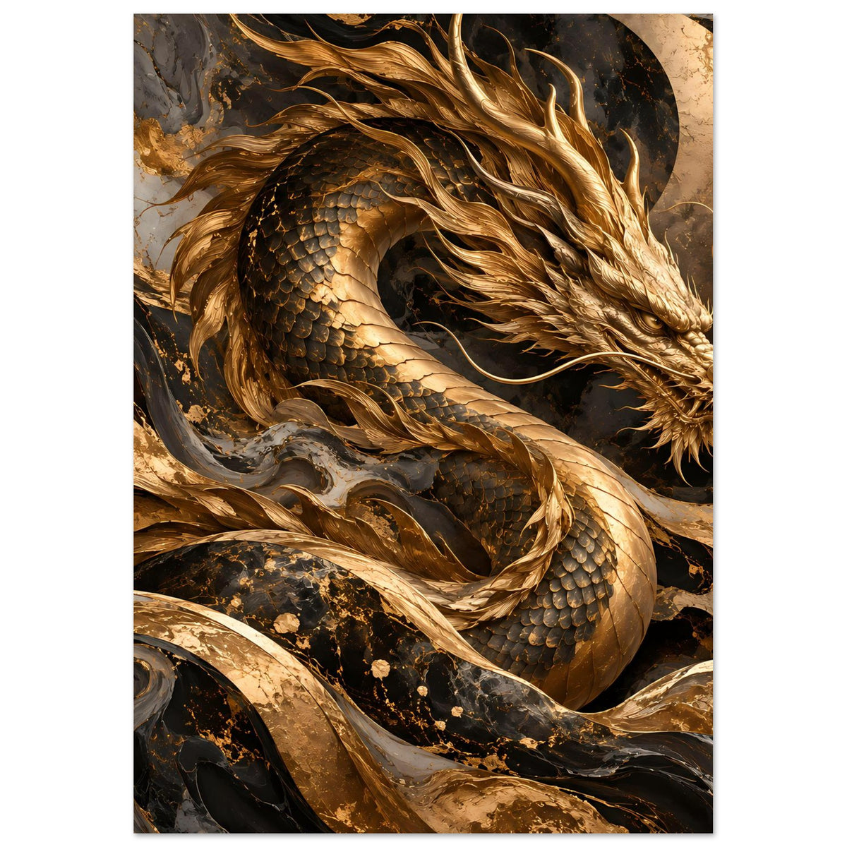 Fantasy-Poster mit goldenem Drachen und gewundenem Schwanz, dunkle Schatten, goldene Highlights