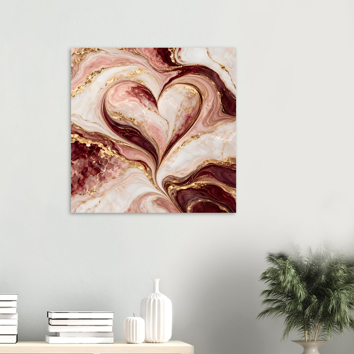 Vertikales Marmor-Poster mit Herzmotiv in Rosé, Burgund und Gold