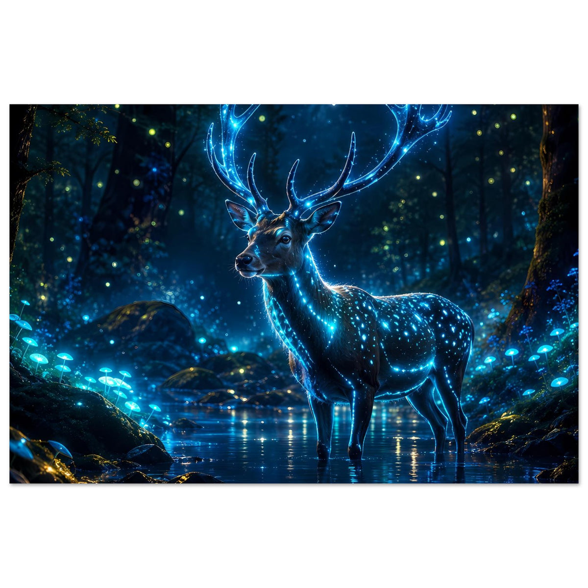 Poster mit leuchtendem Hirsch, blau funkelndes Fell, Vorderansicht, im Wasser stehend