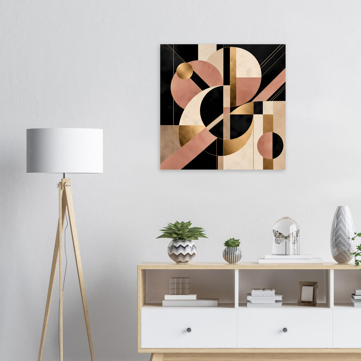 Rechteckiges Art-Deco-Poster mit geometrischen Kreisen und Linien in Schwarz, Blush und Gold