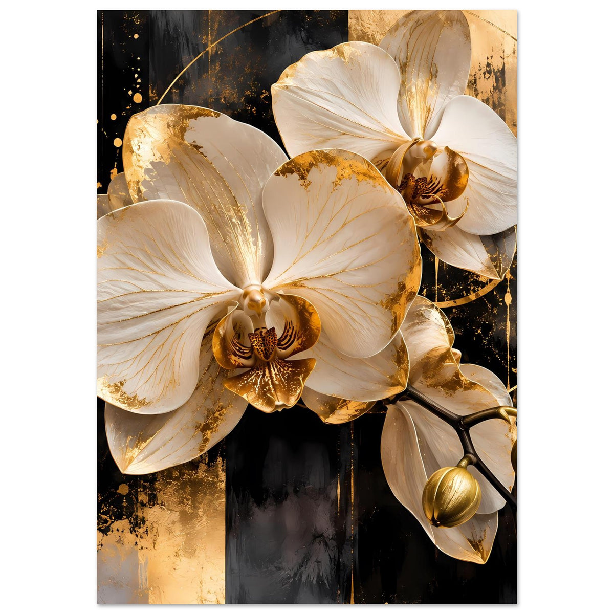 Poster mit weißen Orchideenblüten, goldenen Akzenten und eleganter Komposition