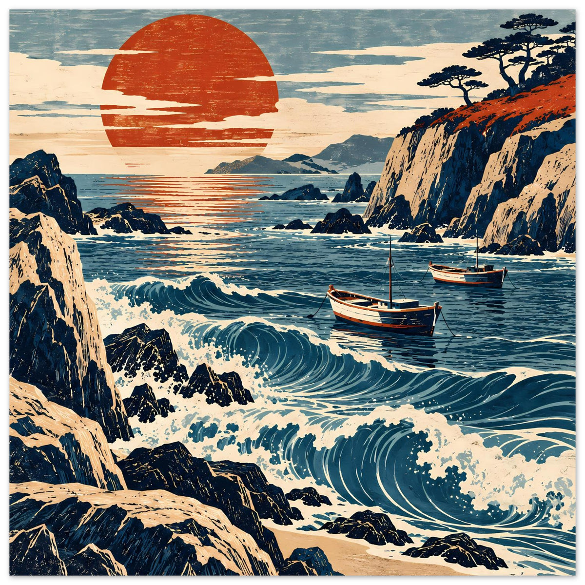 Poster mit Küstenlandschaft: orangefarbene Sonne, Klippen, schäumende Wellen und drei Boote