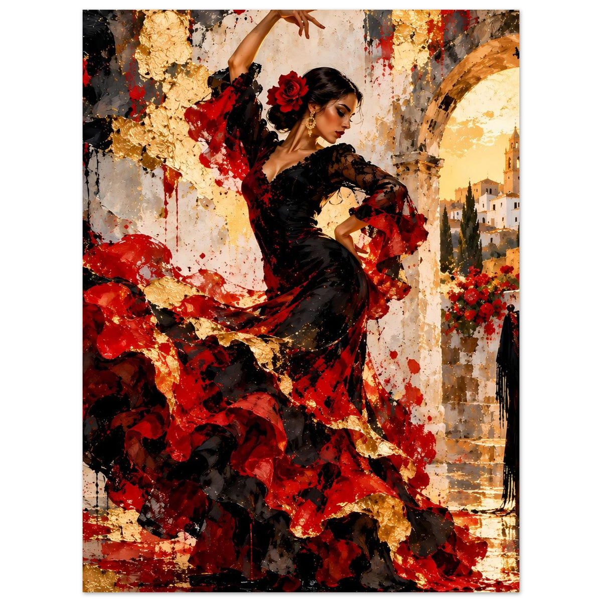 Poster mit Flamenco-Tänzerin in Schwarz und Rot, Fokus auf Kopf, Rock und erhobenen Arm