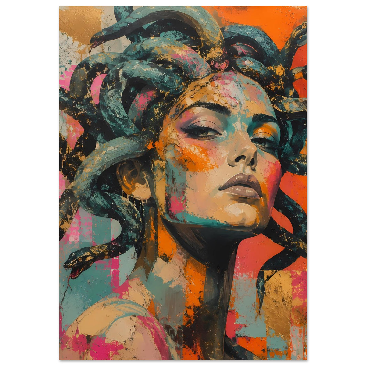 Hochformat-Poster mit Medusa-Gesicht und Schlangenhaar in leuchtenden Farben, stilisiert