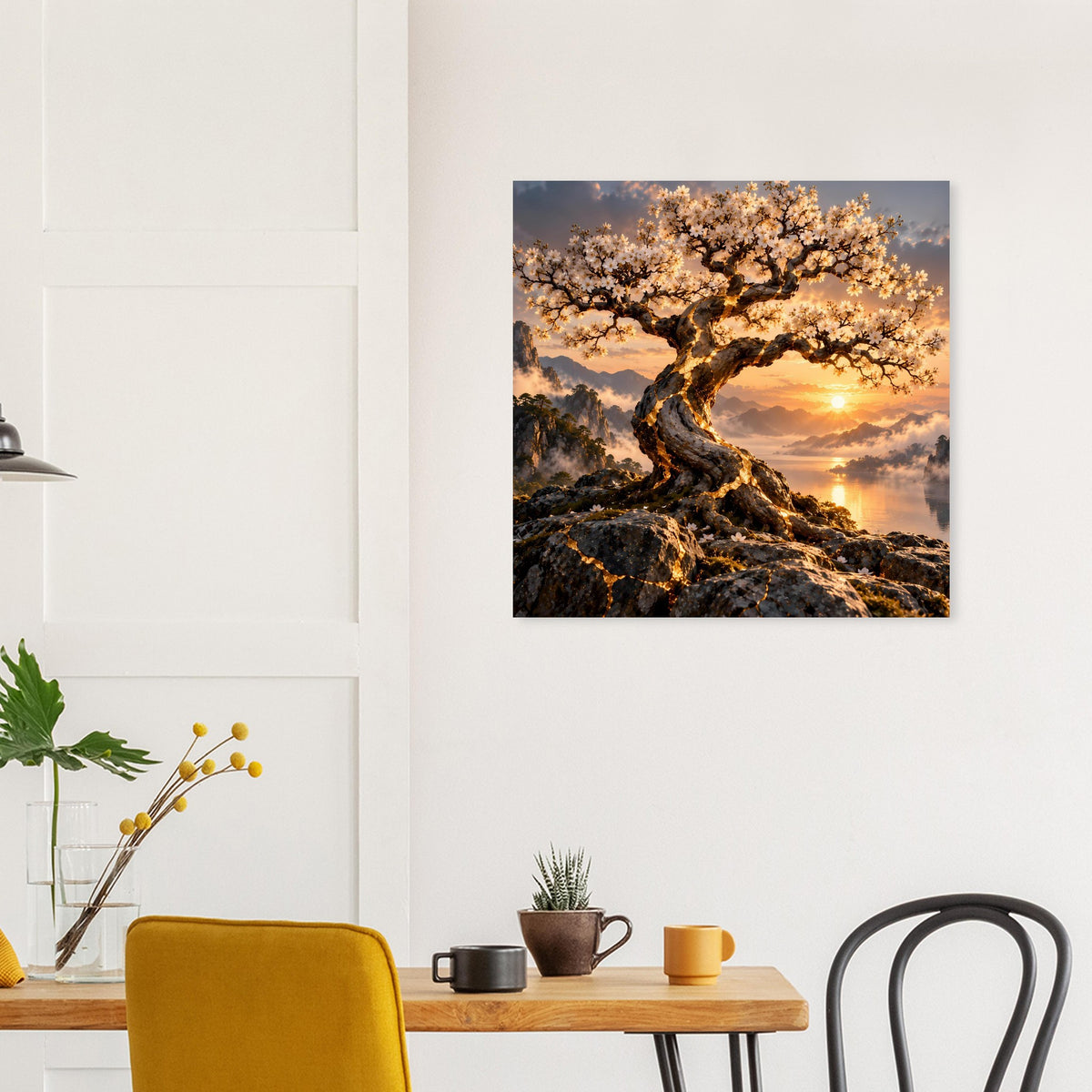 Quadratisches Poster mit Blütenbaum im Sonnenuntergang, Details von Ästen und Himmel