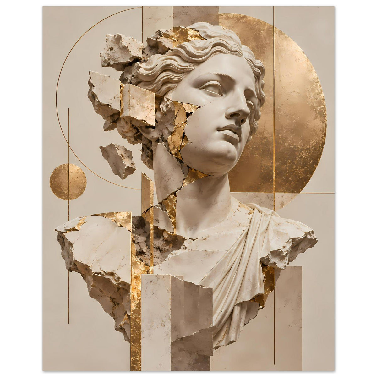 Kunstposter mit fragmentierter Statue, weißes Gesicht und goldene Partien im Relief