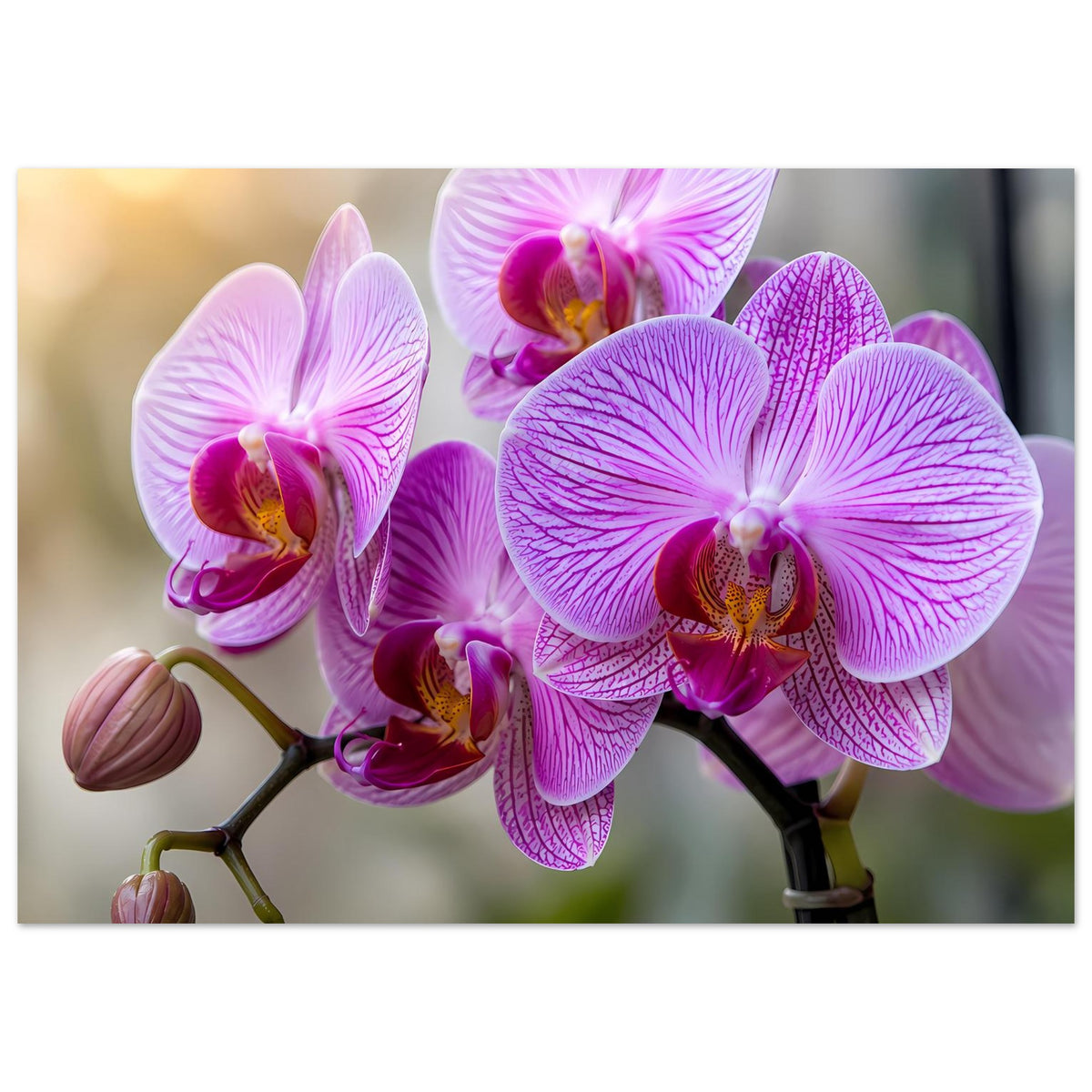 Orchideen-Poster mit großen pink-lila Blüten und kleinen Knospen am Stiel