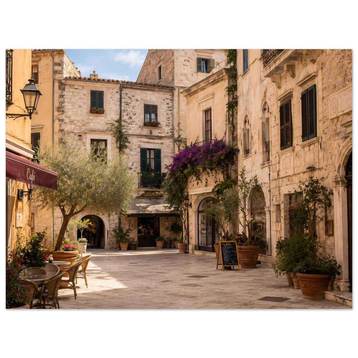 Mediterranes Straßen-Szenenplakat: Innenhof mit Steingebäuden, Tischen und Pflanzenkübeln.