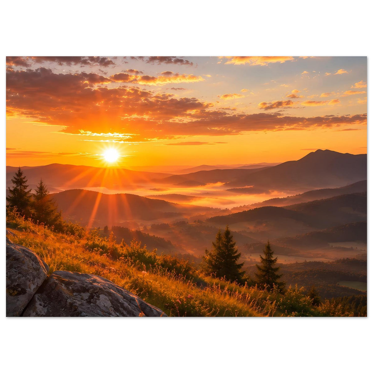 Landschaftsposter mit warmem Sonnenuntergang, Bergen, Wiese und Tannen