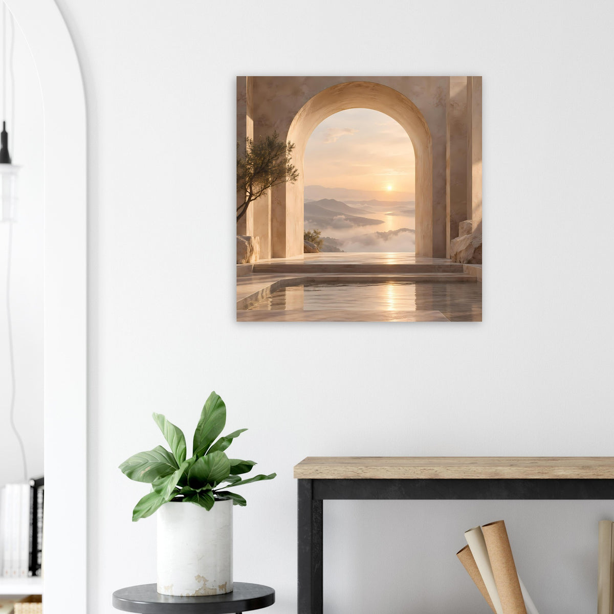 Wandposter mit Torbogenmotiv bei Sonnenaufgang, Blick ins Tal