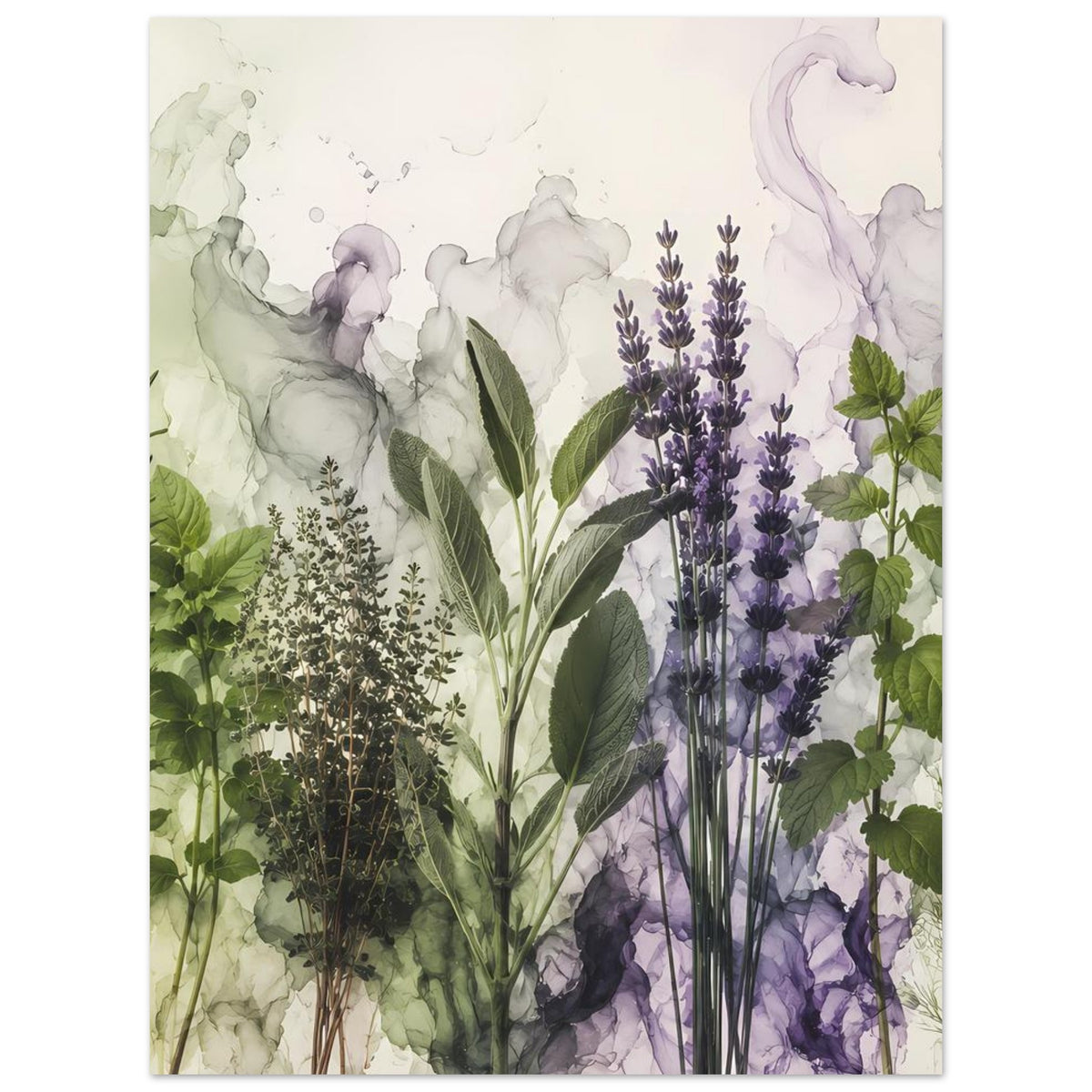Botanisches Poster mit Lavendelblüten-Ähren und breiten grünen Blättern