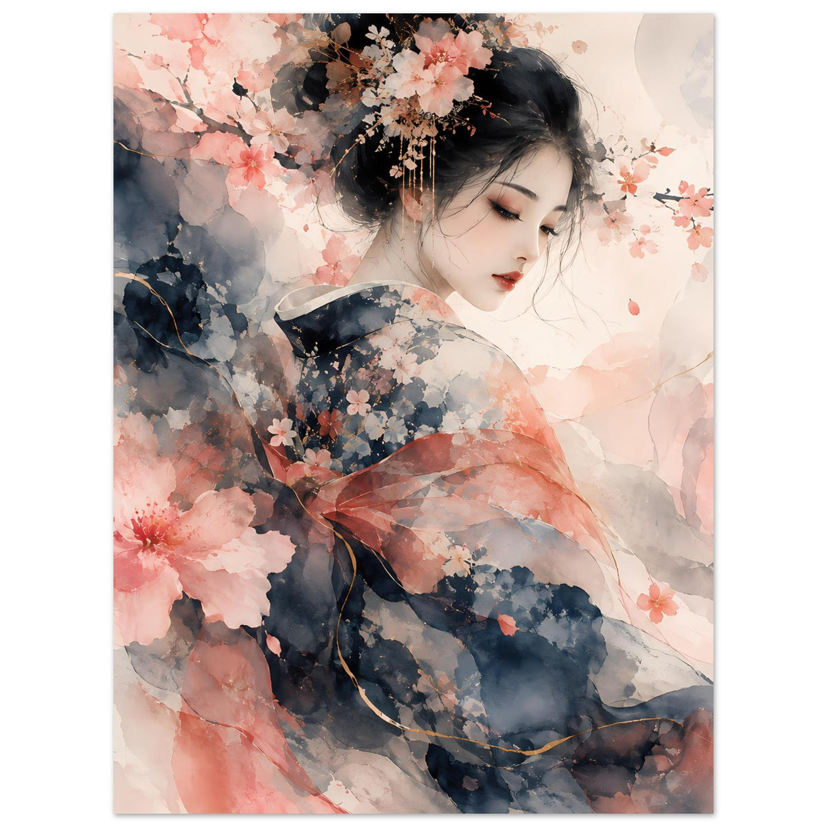 Wandposter mit Aquarellbild: Frau im Profil, Kirschblüten und feine Blütenzweige