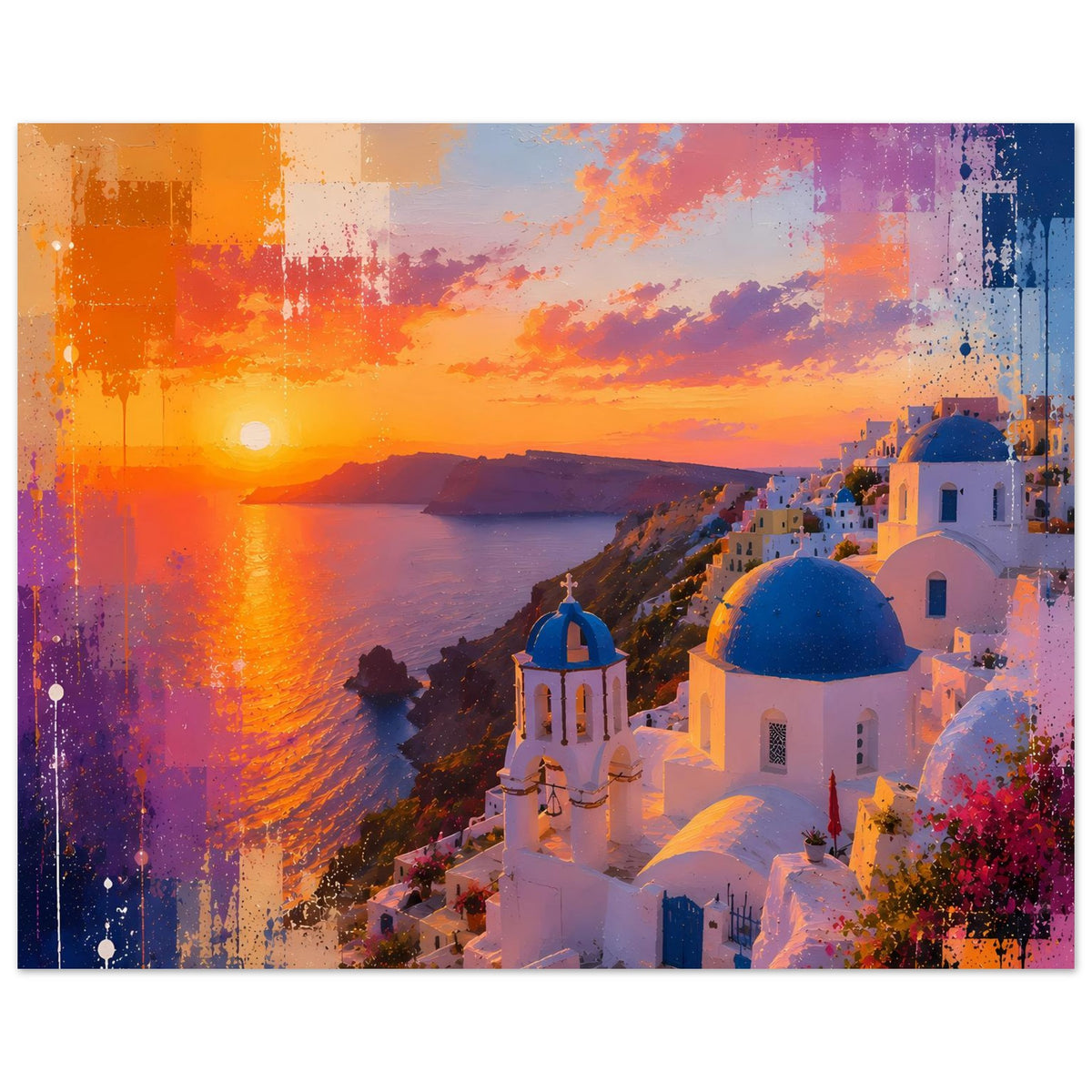 Santorini-Sonnenuntergangs-Poster im Querformat mit Kirche, blauem Dach und orangeviolettem Himmel