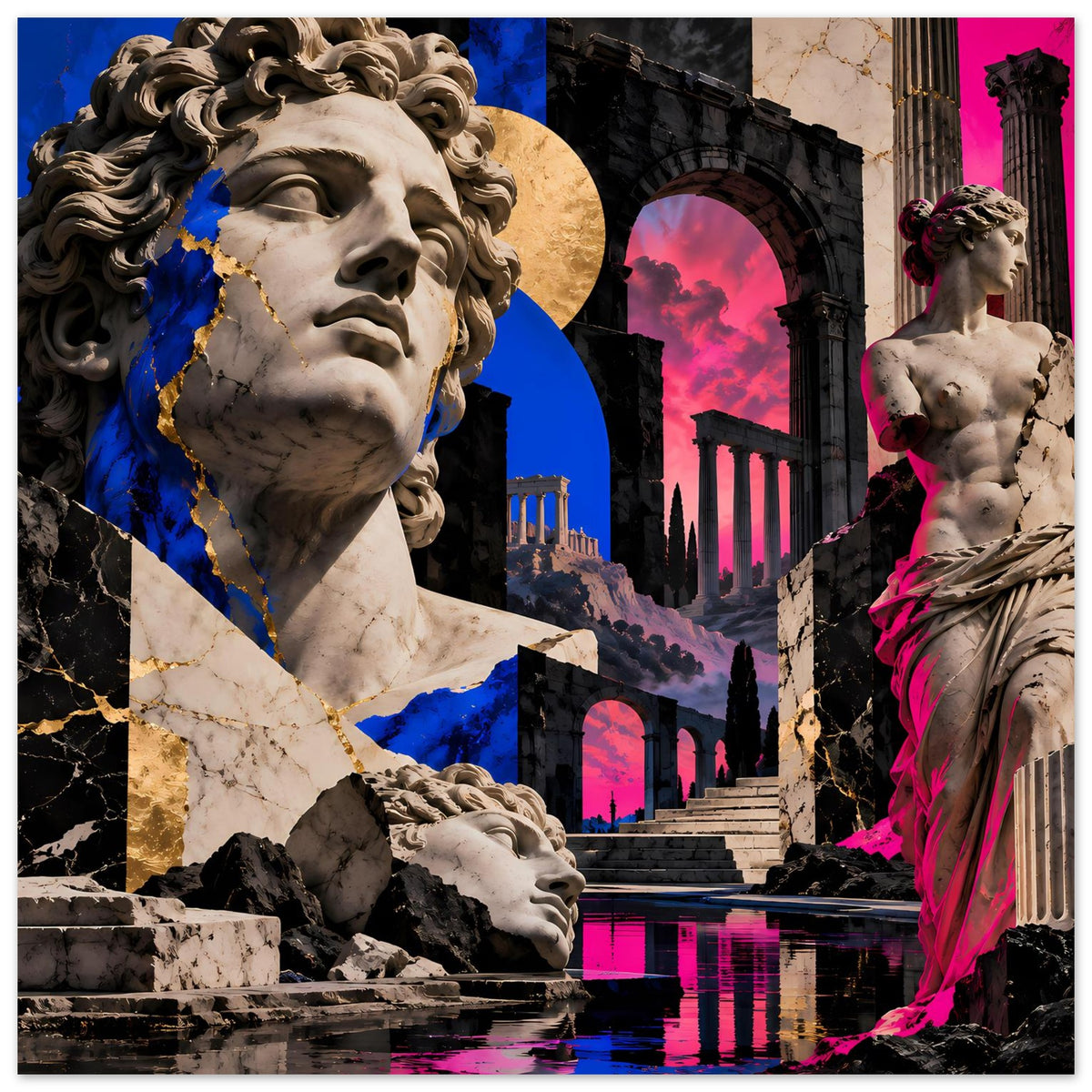Kunstposter mit klassischer Statue, blau-pinke Akzenten, Bogen- und Säulenmotiv, Hochformat