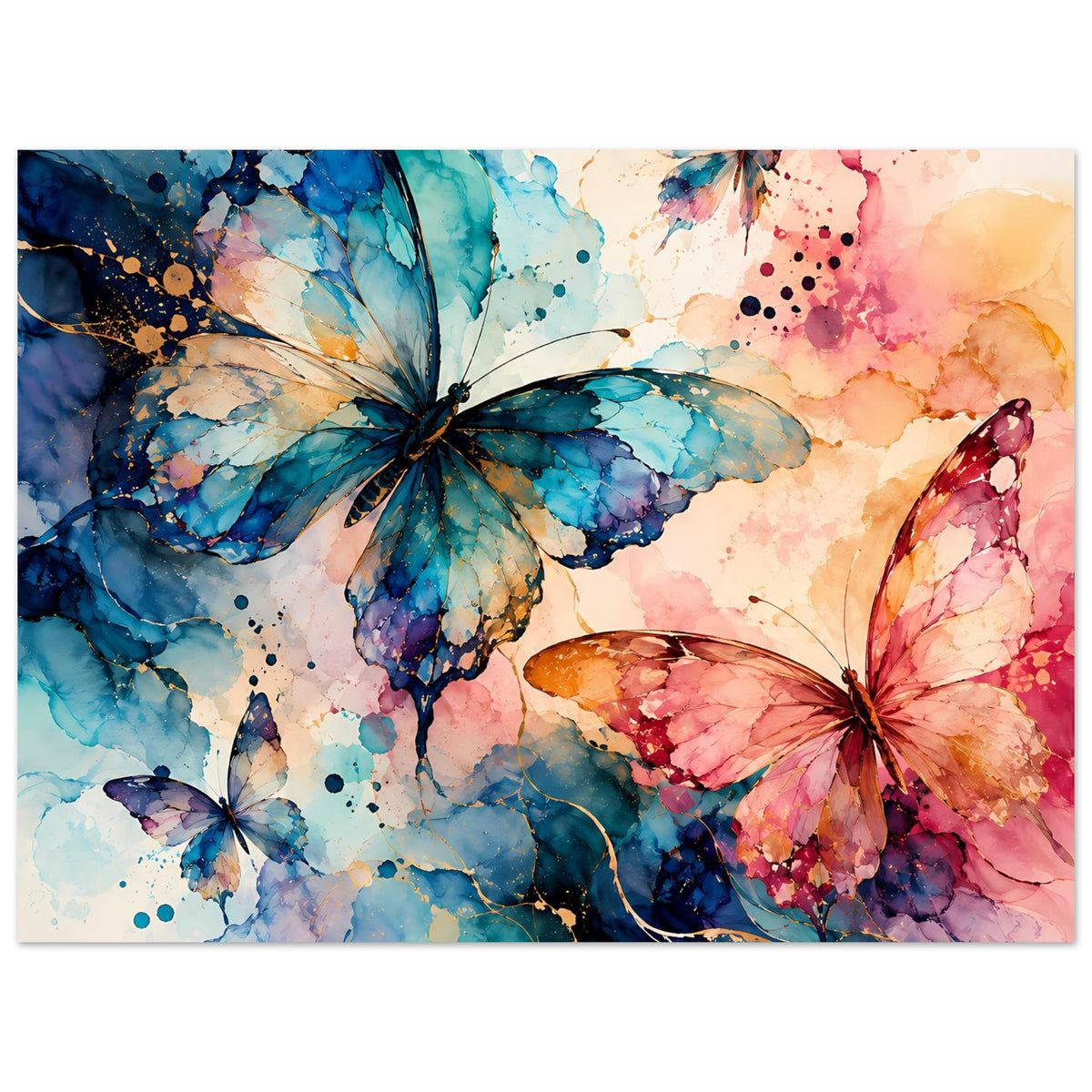 Querformatiges Naturposter mit mehreren Aquarell-Schmetterlingen, blau, rosa und Sprenkeln