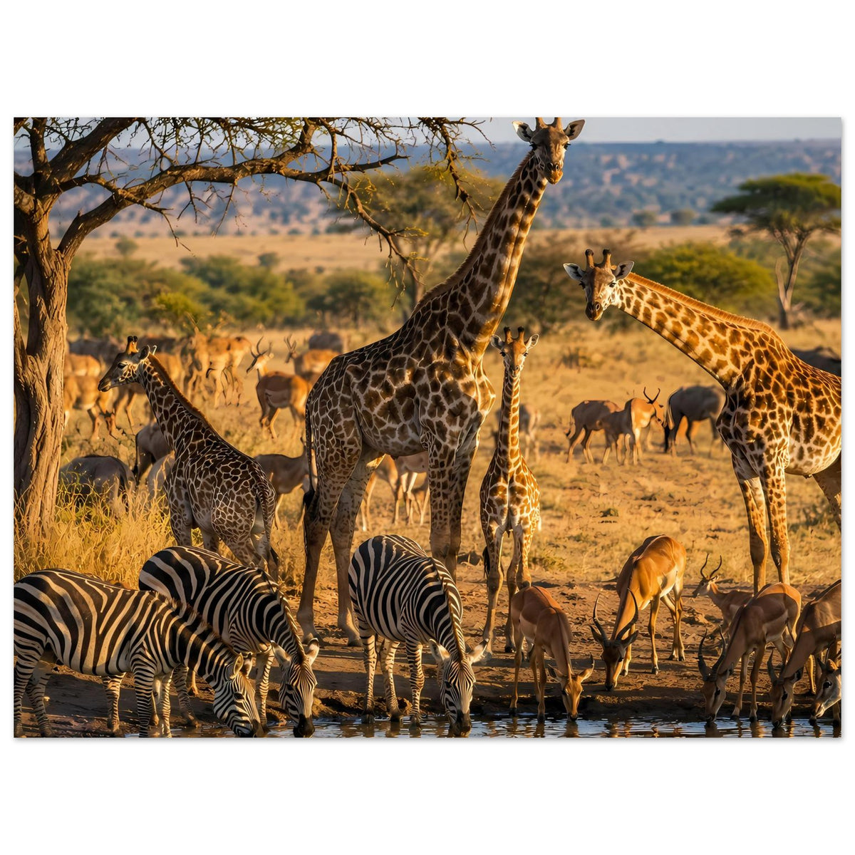 Poster mit Tiermotiv: Giraffen, Zebras und Antilopen am Ufer mit Wasserspiegelungen