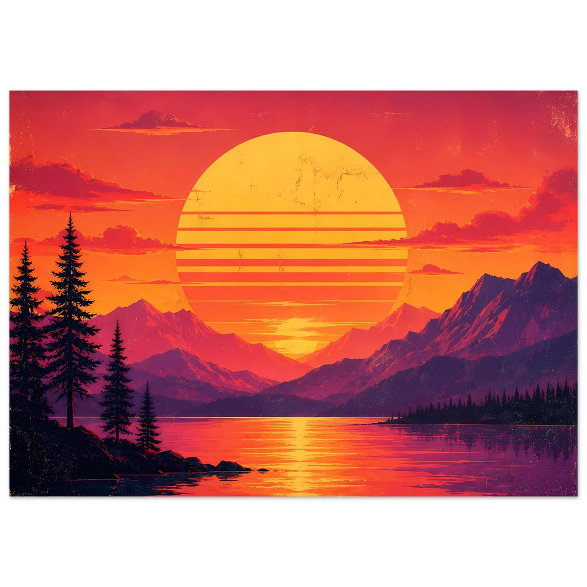 Querformat-Poster: Berge und Bergsee bei Sonnenuntergang, gelbe Sonne mit Streifen, Tannen