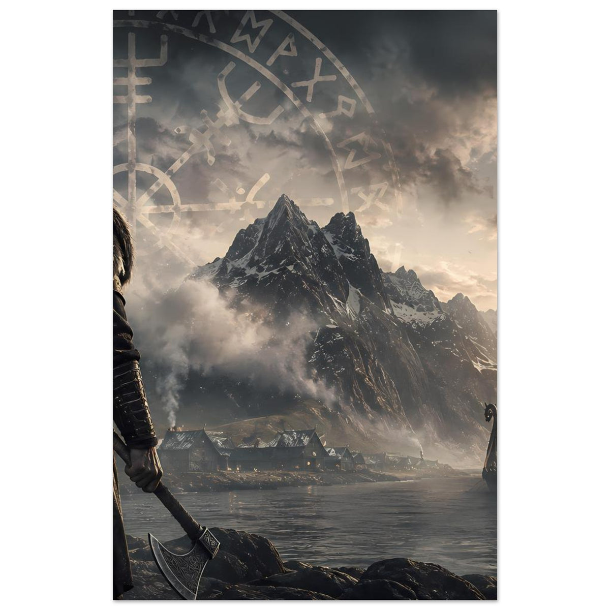 Vertikales Wandposter mit Wikingerkrieger seitlich, Runenbogen und Berge am Fjord