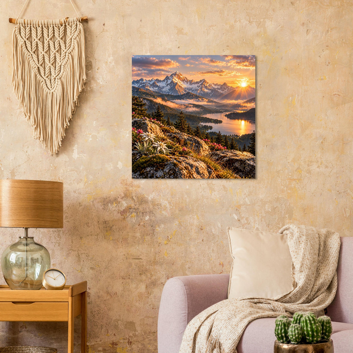 Quadratisches Wandposter mit Bergpanorama und Sonnenuntergang