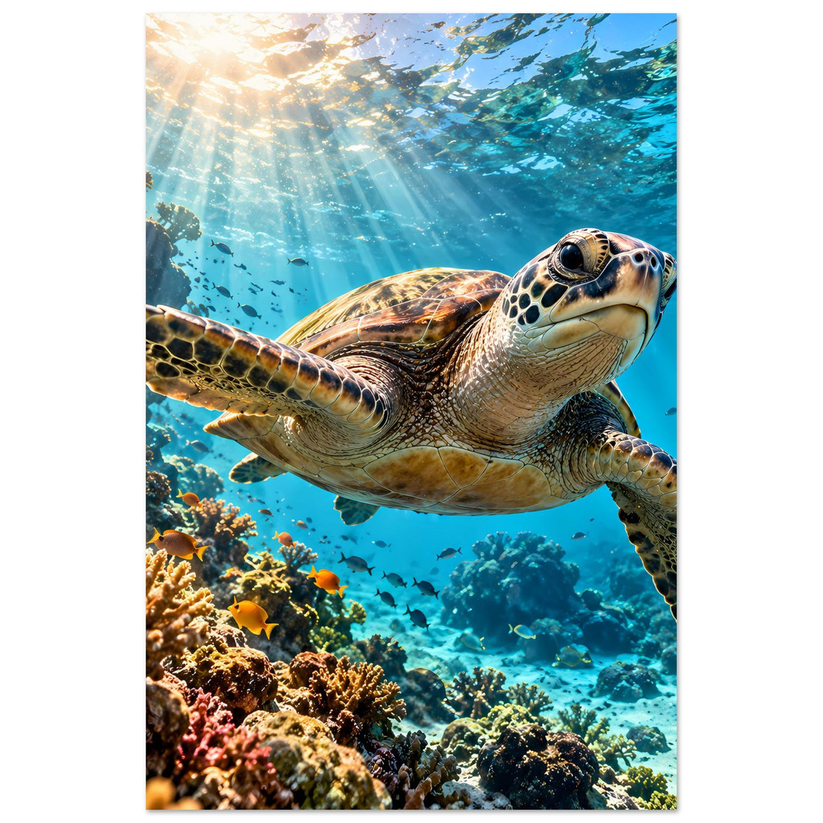 Unterwasser-Schildkrötenposter: große Meeresschildkröte über Korallen, blaue Tiefen