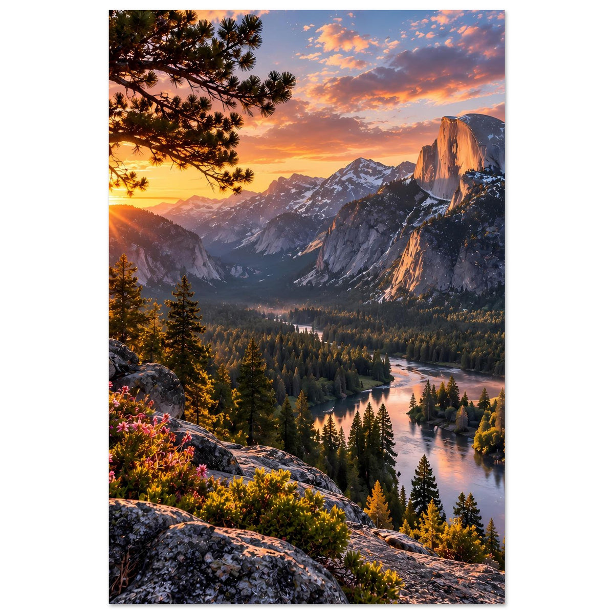 Landschaftsposter mit Sonnenaufgang, Bergmassiv, Tannenwald und Fluss im Tal